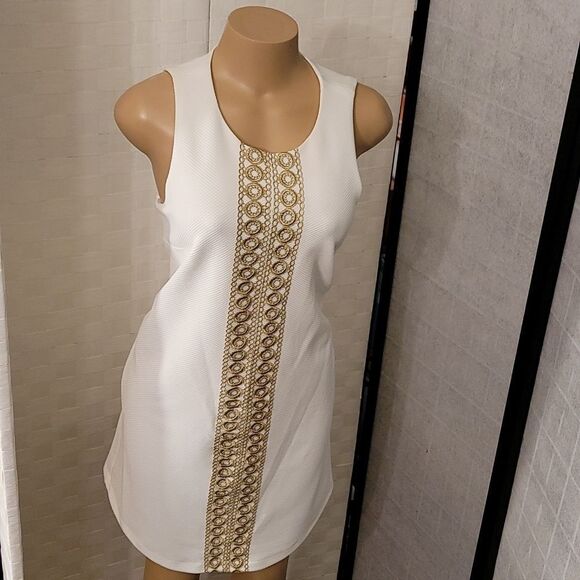 BRAND NEW PAPPAGALLO SLEEVELESS TEXTURED KNIT METALLIC GOLD LACE F TRIM DRESS - Picture 8 of 14